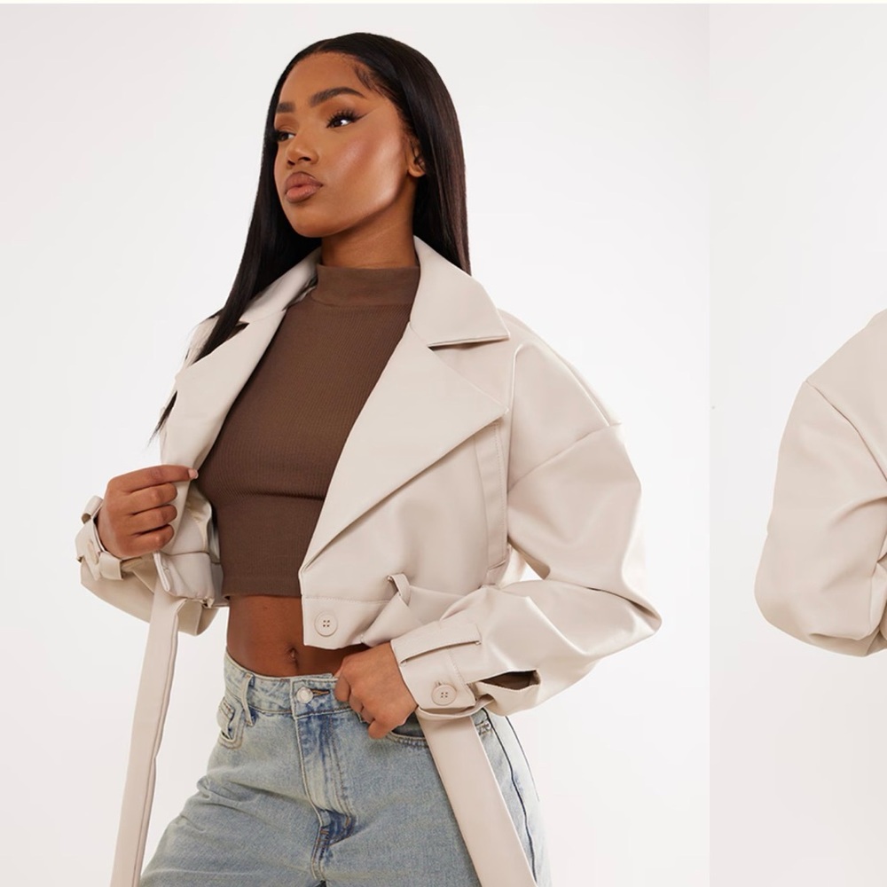 PrettyLittleThing STONE OVERSIZED BELTED HEM CROPPED BIKER JACKET